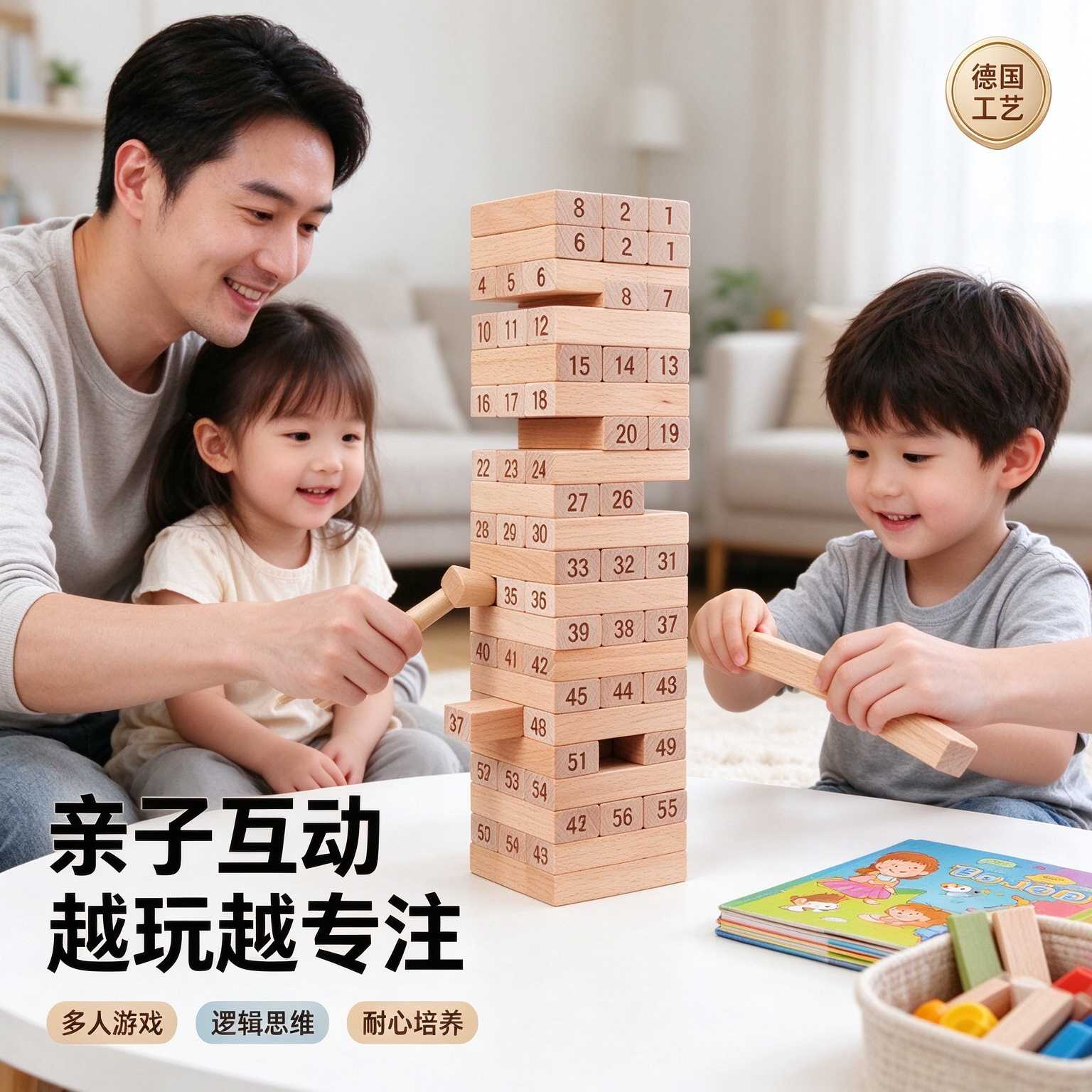 积木塔叠叠乐游戏环保木制益智玩具亲子互动敲击游戏大号榉木叠叠