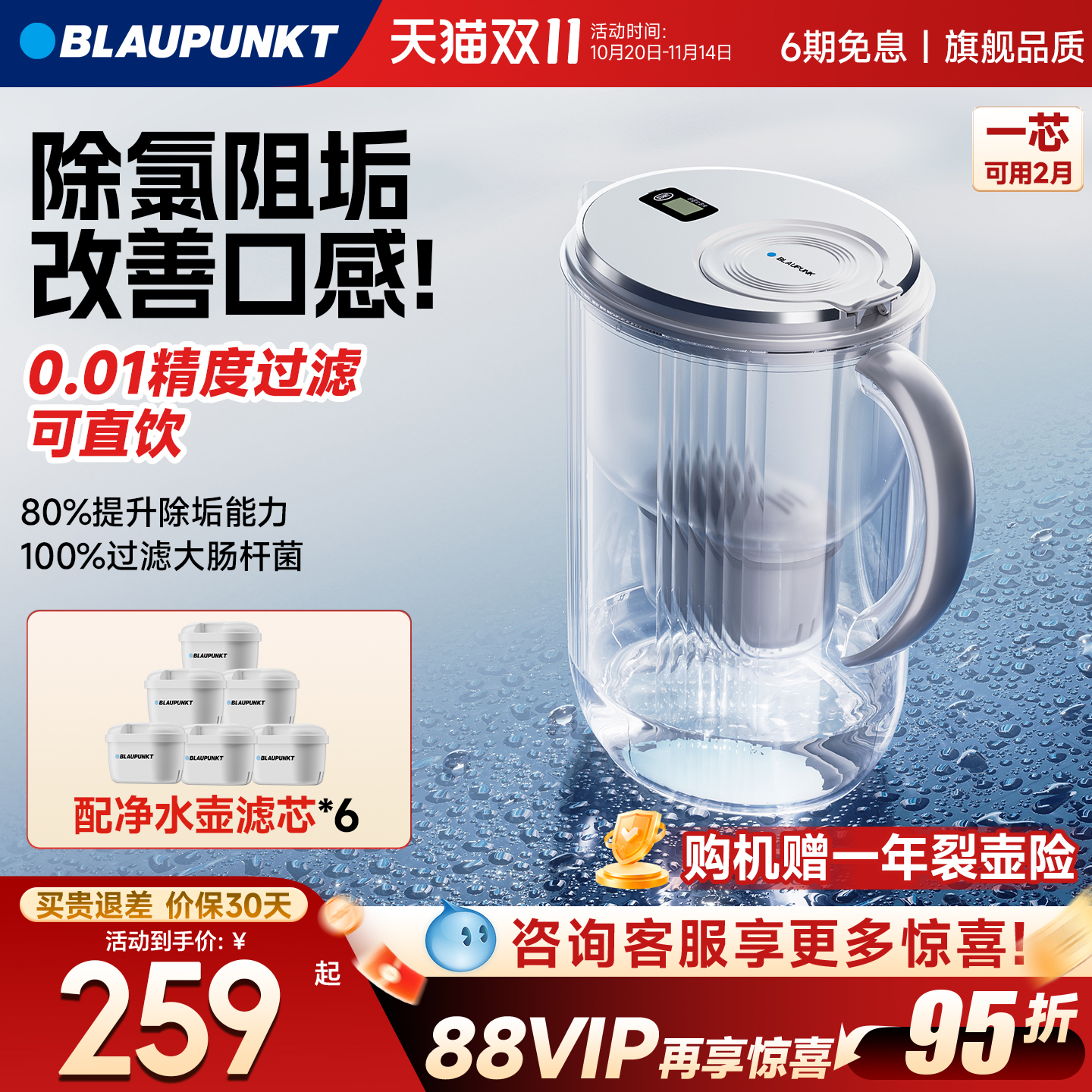 BLAUPUNKT/蓝宝滤水壶净水壶一壶多滤芯家用自来水过滤器大容量