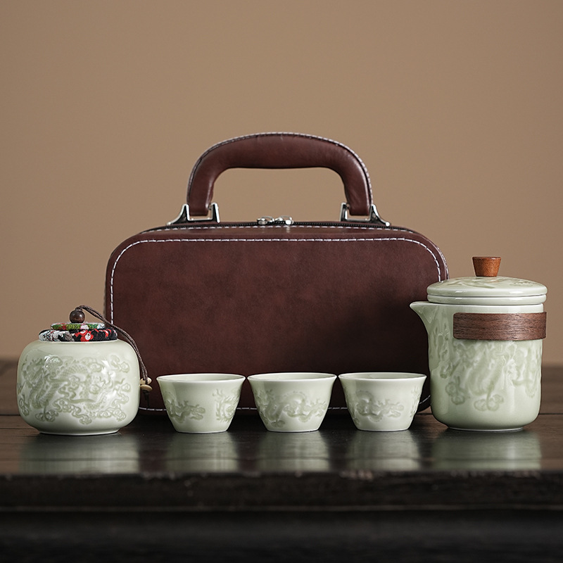 青瓷哥窑户外便携旅行茶具套装一壶三杯陶瓷快客杯文创送礼品高档