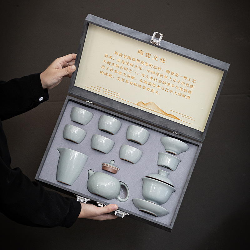 哥窑茶具活动礼品公司套装功夫盖碗茶杯一整套高档商务礼盒装