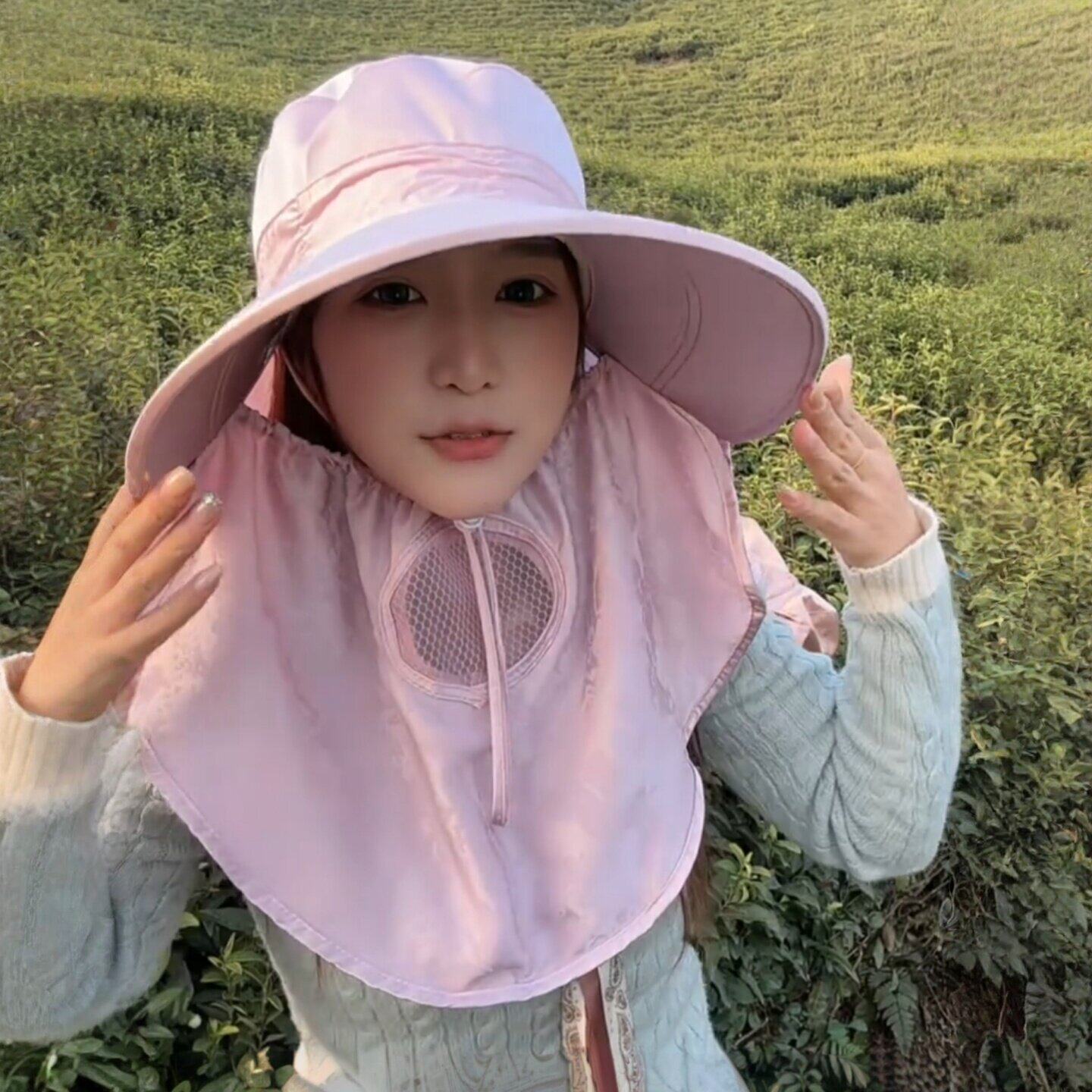 女士干农活遮阳防晒帽子户外采茶帽大帽檐透气遮全脸可折叠太阳帽