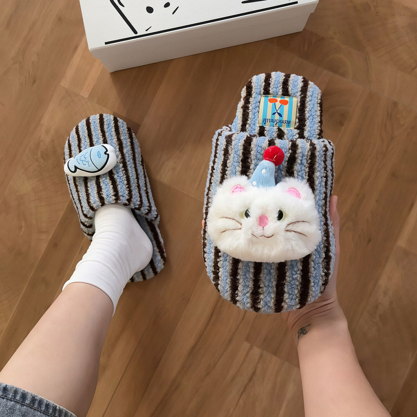 条纹猫咪棉拖鞋女冬季少心
