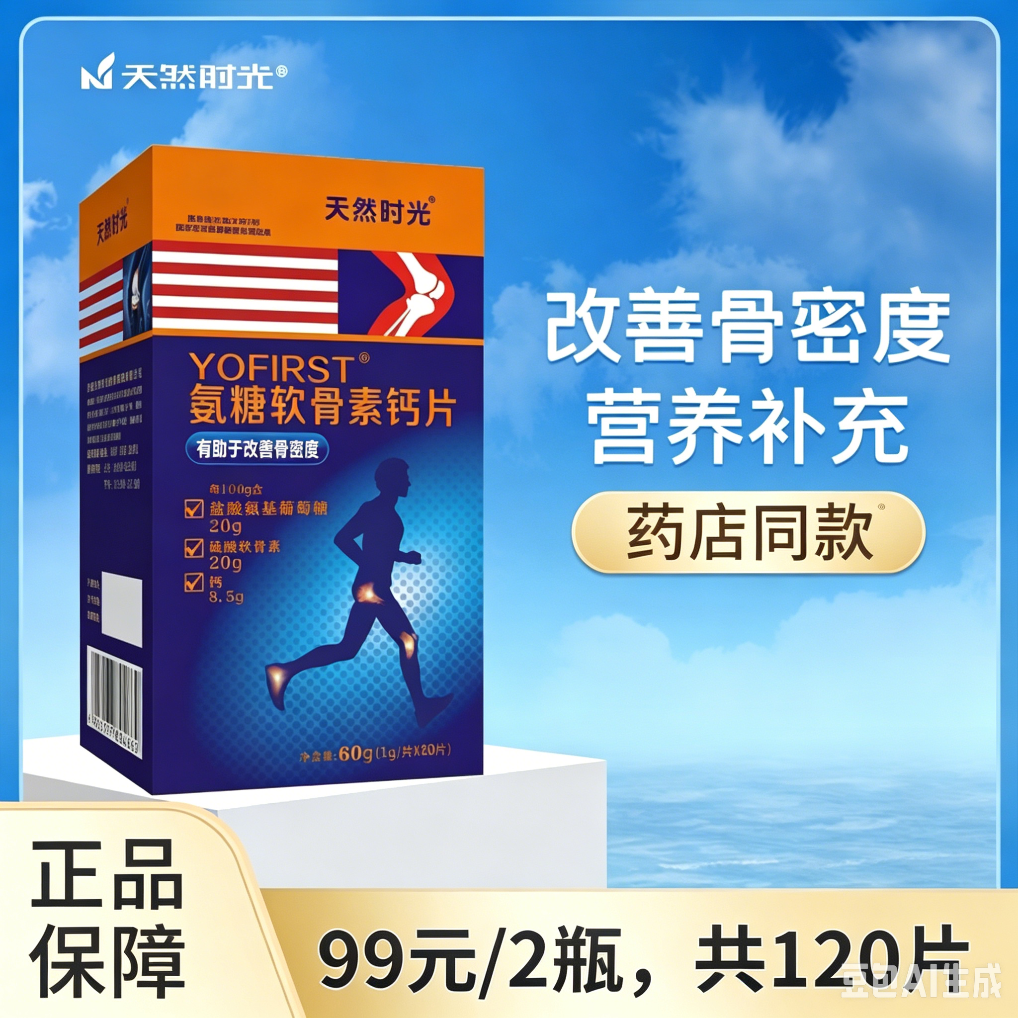 天然时光氨糖软骨素加钙片中老年护关节补钙关安糖节灵氨基葡萄糖