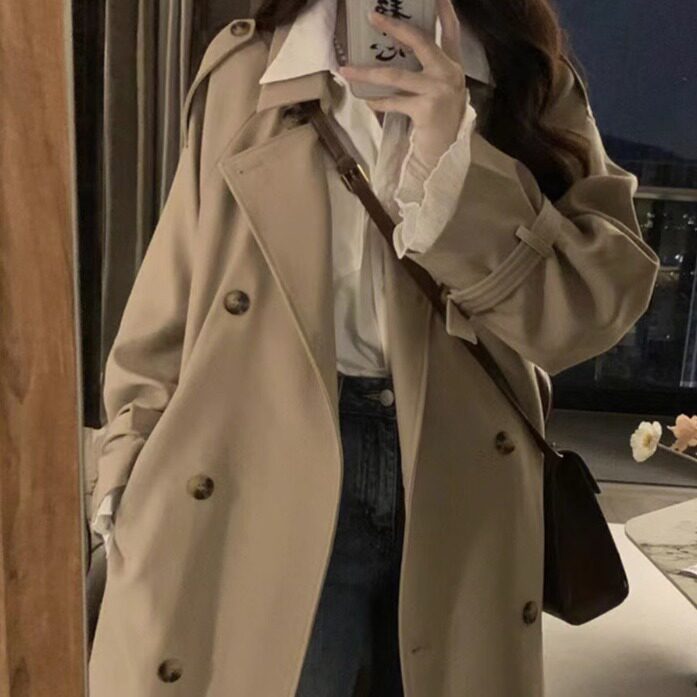卡其色风衣外套女2025春秋新款韩版修身英伦风双排扣女式长款风衣