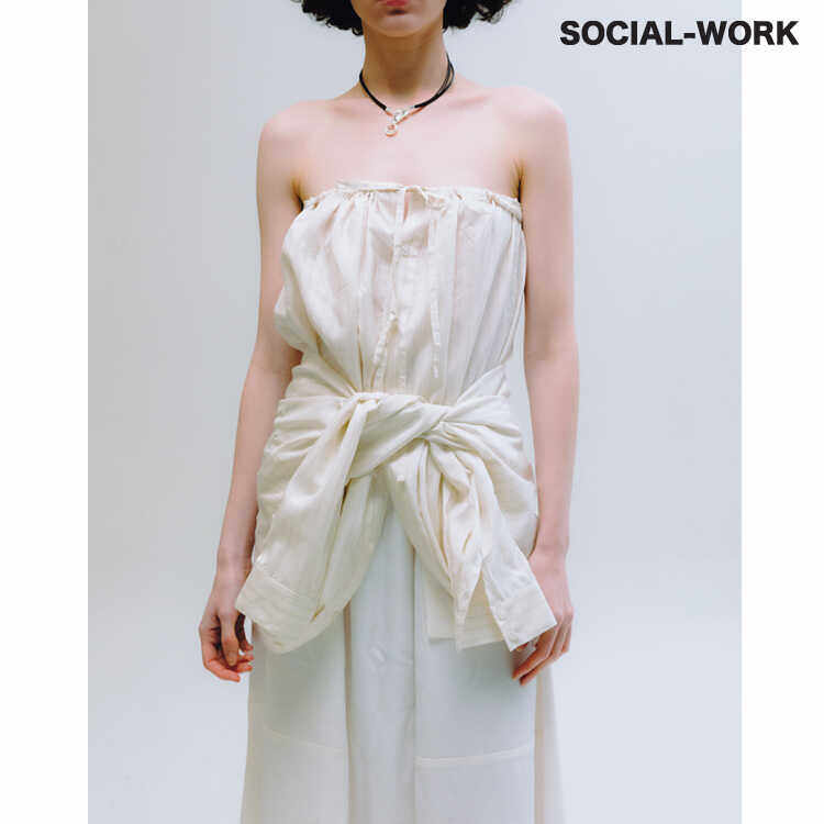 SOCIAL-WORK 真丝三种穿法条纹复古落肩宽松抽绳设计衬衫