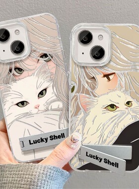 羽纱白猫女孩适用vivoS19手机壳iQOOZ9新款支架s18/s17/s16防摔y200i卡通x100s/x90/x80/x70/x60高级neo9spro