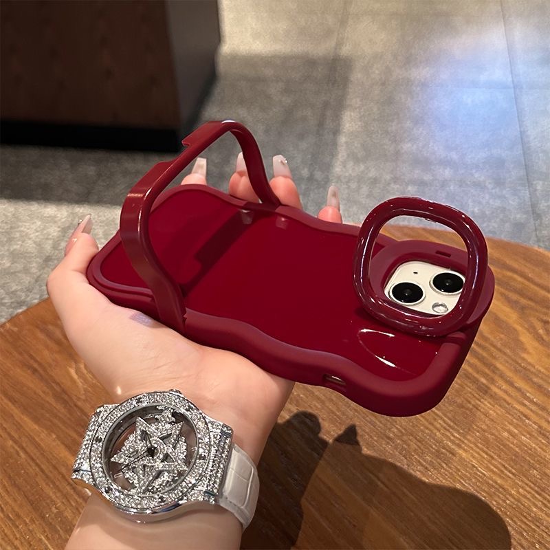 适用苹果16双支架手机壳酒红色