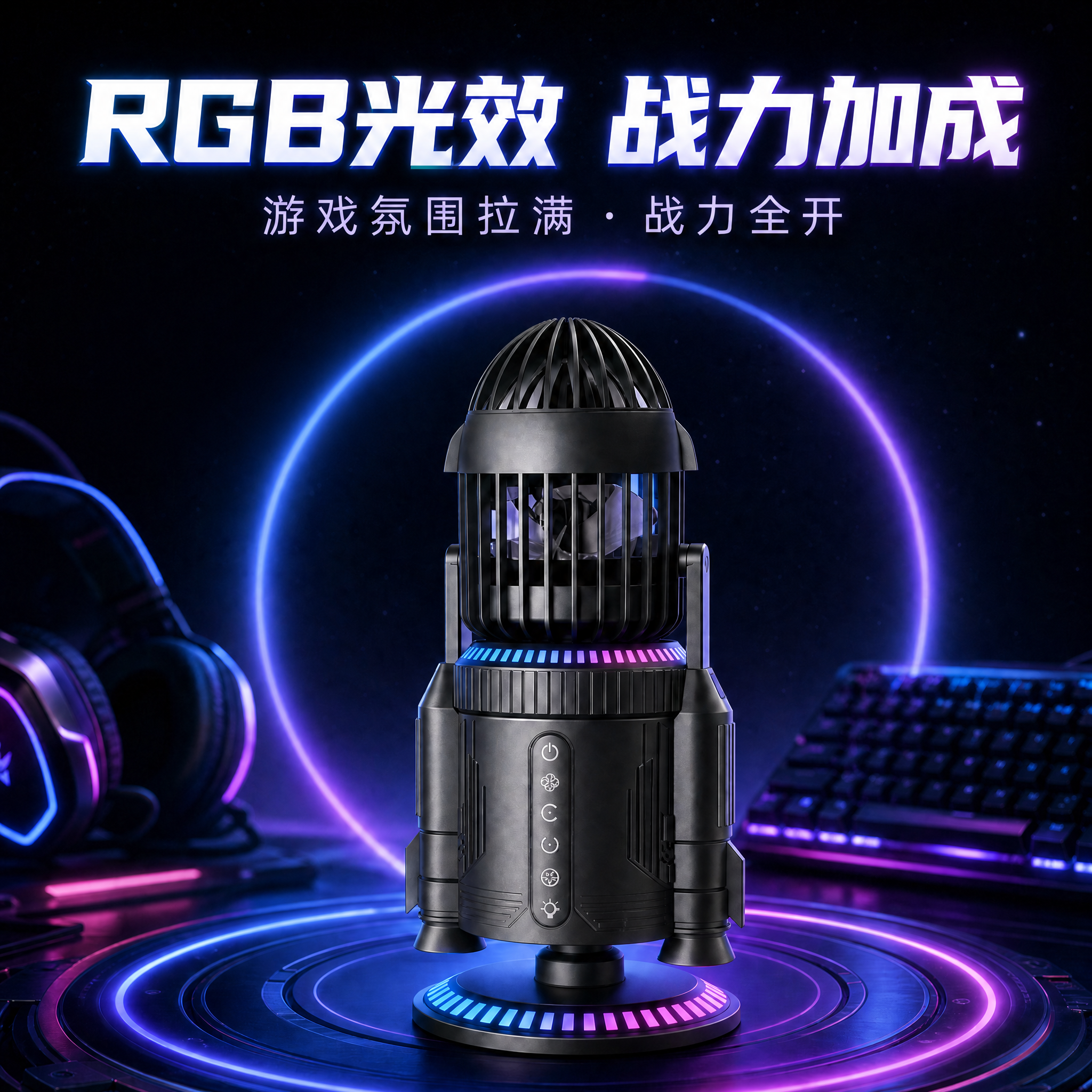 桌面高级风扇办公室火箭创意摇头喷雾静音usb充电强风力双驱RGB炫彩静音多功能新款送男友实用生日毕业季礼物