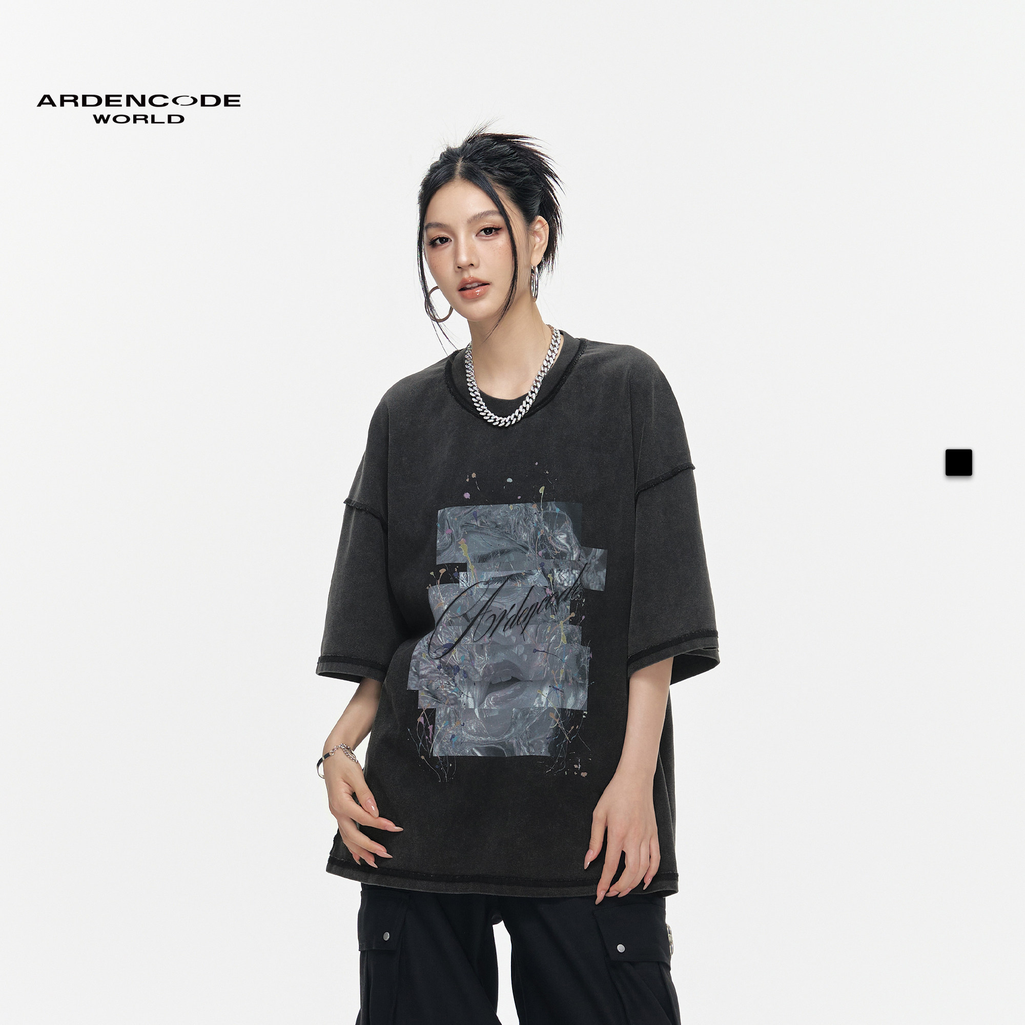 ARDENCODE男女 洗水做旧印花 大宽松圆领重磅320G纯棉针织短袖T恤