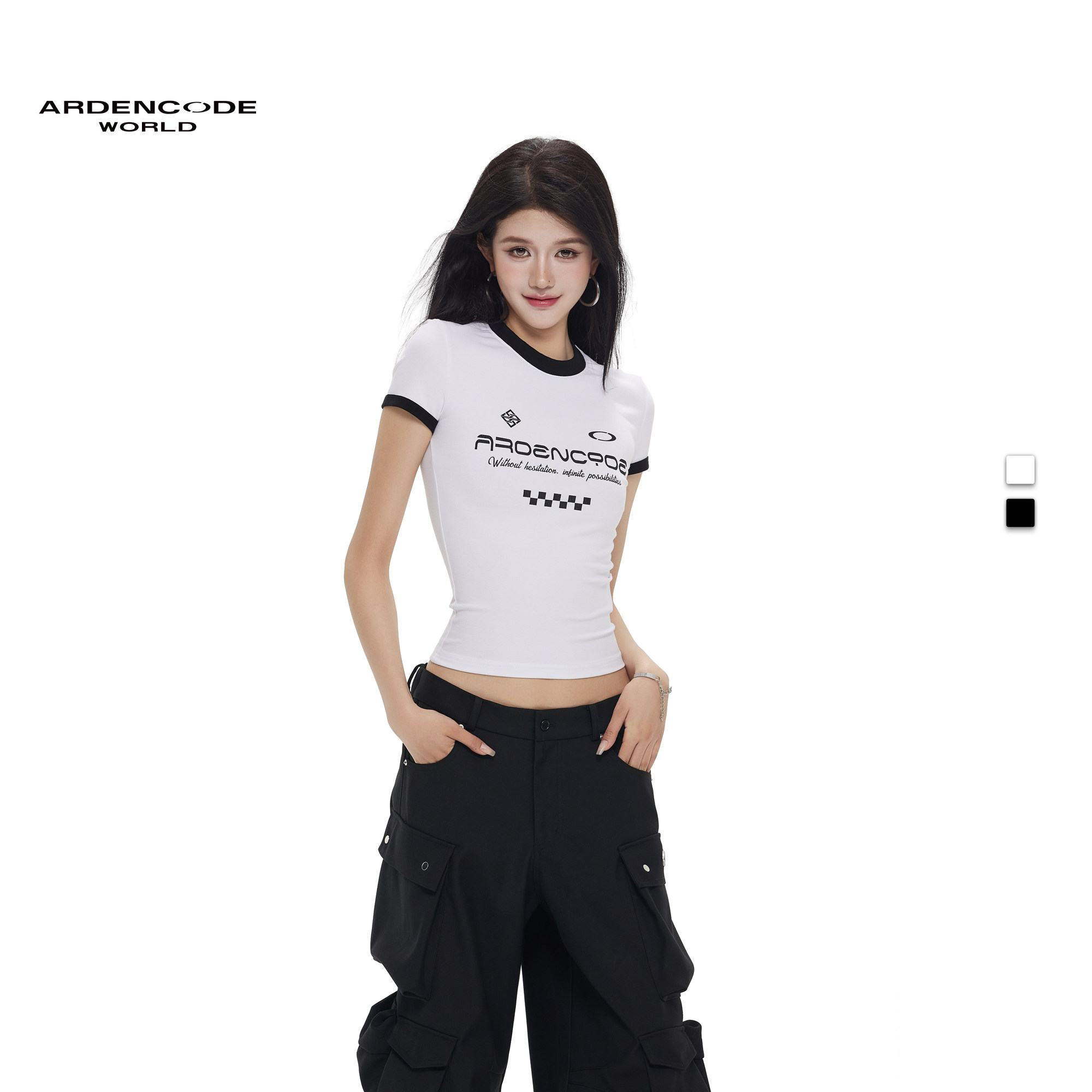 ARDENCODE女款 无限 印花 撞色辣妹紧身弹力修身正肩短袖T恤上衣