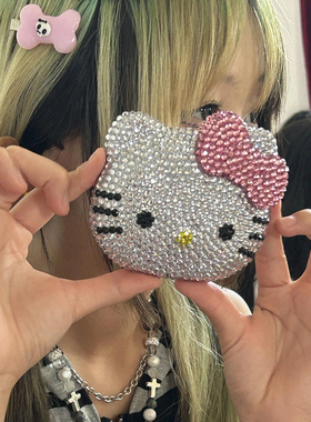 HelloKity猫满钻镜子手工DIY材料包可爱便携手持化妆镜子梳子一体
