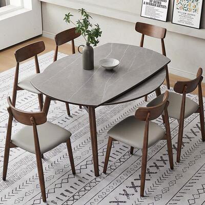 Expandable and Foldable Solid Wood Dining Table with Marble TopLuxury Modern Simple Round and Square