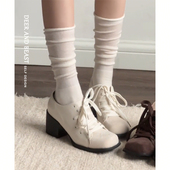 牛皮版 小皮鞋 复古英伦风方头粗跟系带乐福鞋 女小众百搭通勤单鞋