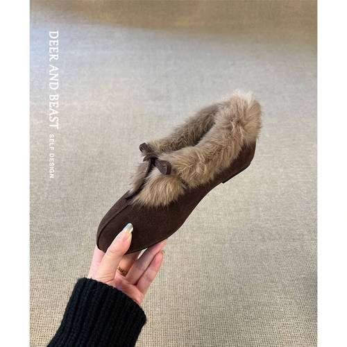 真兔毛加绒保暖蝴蝶结毛毛鞋女