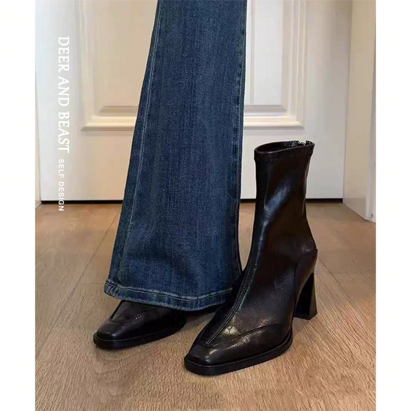 羊皮版~高跟短靴女2025秋冬新款黑色法式粗跟弹力瘦瘦靴马丁靴子,女鞋,时装靴,淘宝优惠券,粉丝福利购,淘宝优惠卷