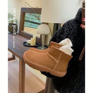 牛皮版~厚底短筒雪地靴保暖加绒真皮毛一体雪地靴棉鞋冬迪普短靴