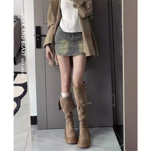 显瘦高筒骑士靴子 不过膝绒面长靴女款 厚底长筒靴女2025新款 秋冬季