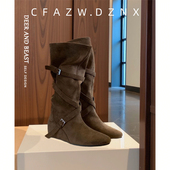 羊皮版 增高6cm真皮圆头显瘦中筒靴女秋冬新款 柔软长筒堆堆靴长靴