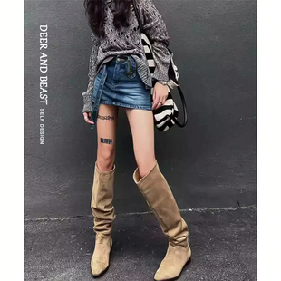 2025年巨好看 靴子卡其色早秋麂皮美拉德褶皱堆堆靴长筒靴骑士靴