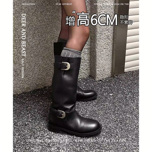 2025年新款 堆堆靴女鞋 骑士靴中筒两穿靴子 宽筒复古董洁同款 牛皮版
