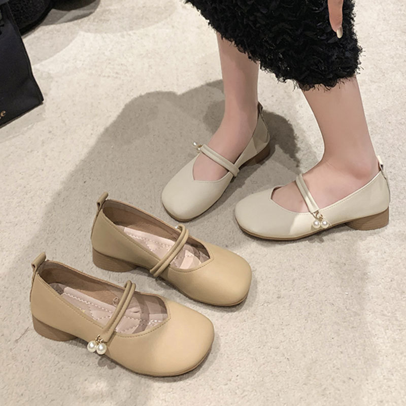 浅口单鞋中跟百搭配裙子白色小皮鞋女2025新款夏季法式玛丽珍
