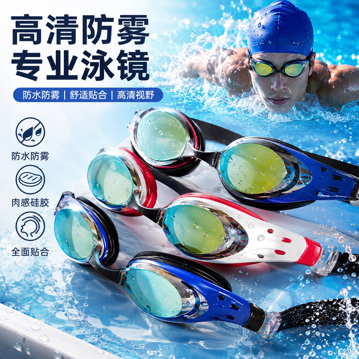 高清防水防雾电镀泳镜