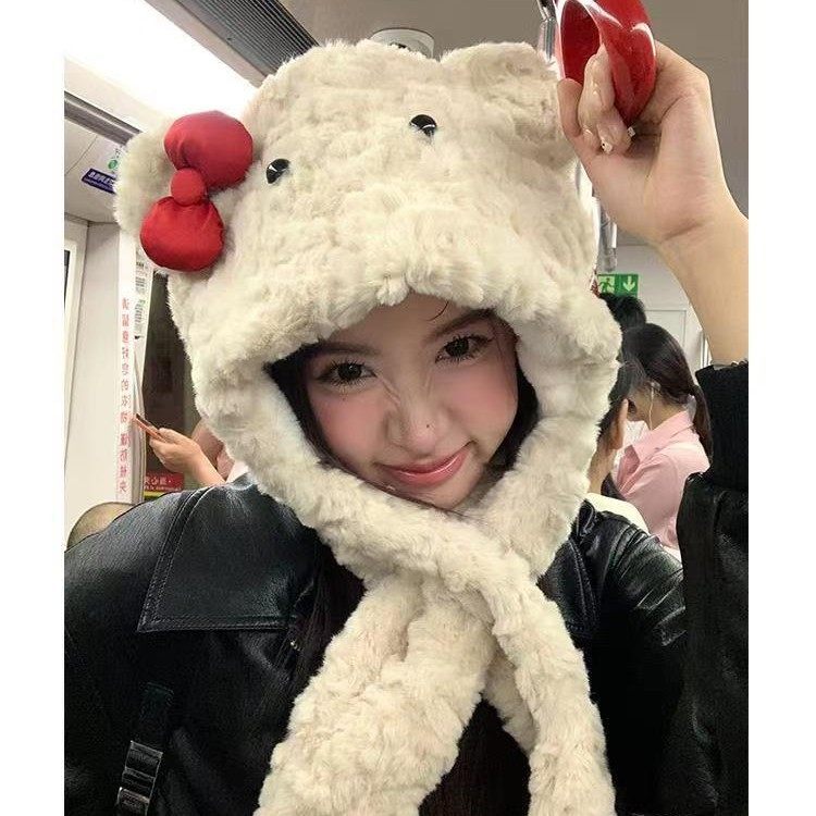 骑车保暖帽子围巾一体秋冬蝴蝶结小熊帽子围巾一体甜美少女风软糯,模玩/动漫/周边/娃圈三坑/桌游,聚会装饰帽子,淘宝优惠券,粉丝福利购,淘宝优惠卷