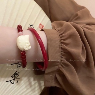 新中式国风复古风高级感叮当朱红复古手链网红小猫森系手镯小众