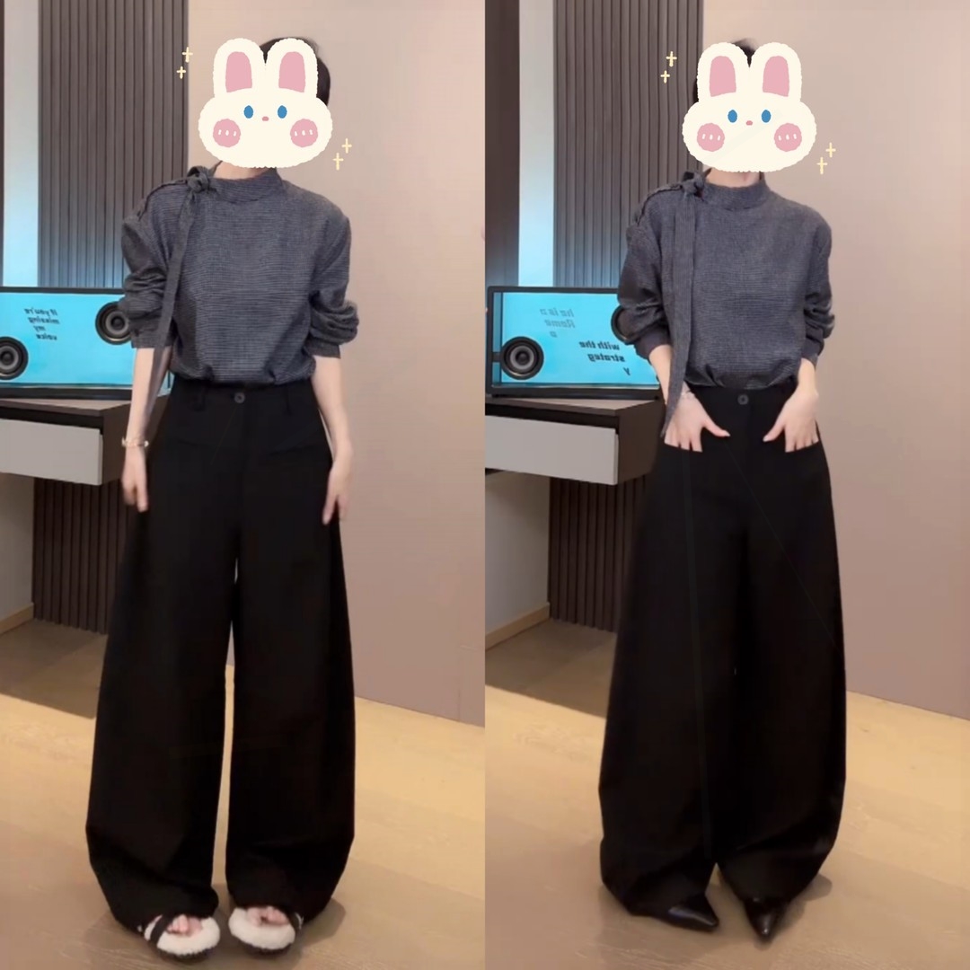 工作室原创秋季新品格子衬衫领子裤 BB50432不规则带飘带+弯刀