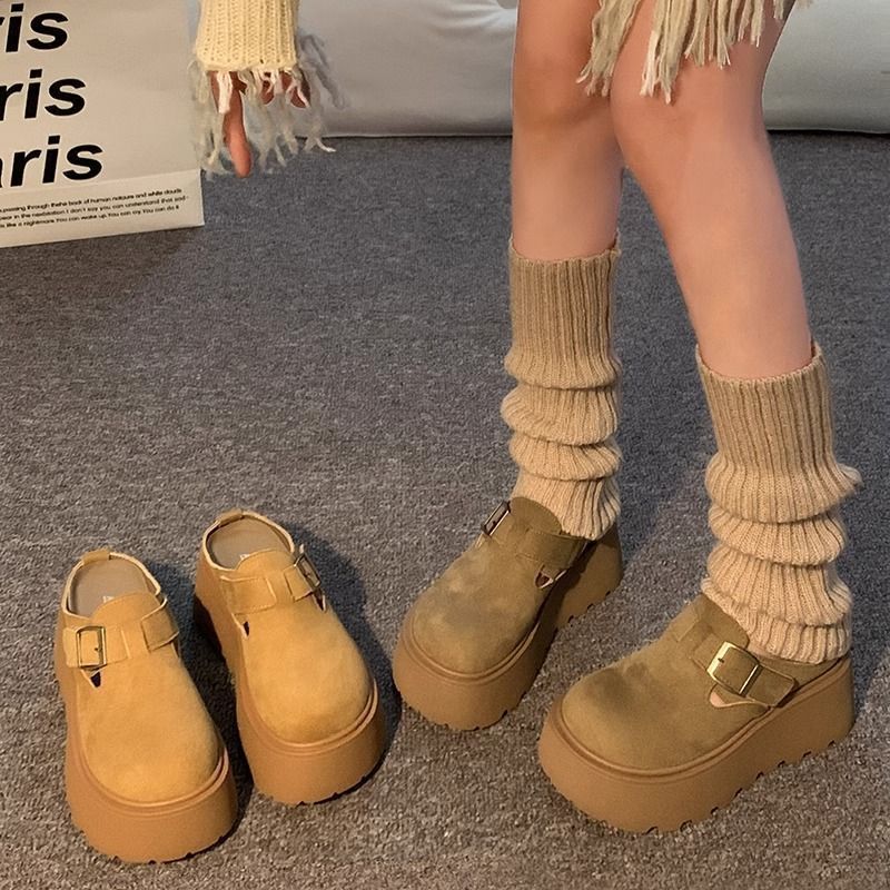 商场同款真皮松糕厚底包头半拖鞋女外穿2025春秋新款一脚蹬勃肯鞋