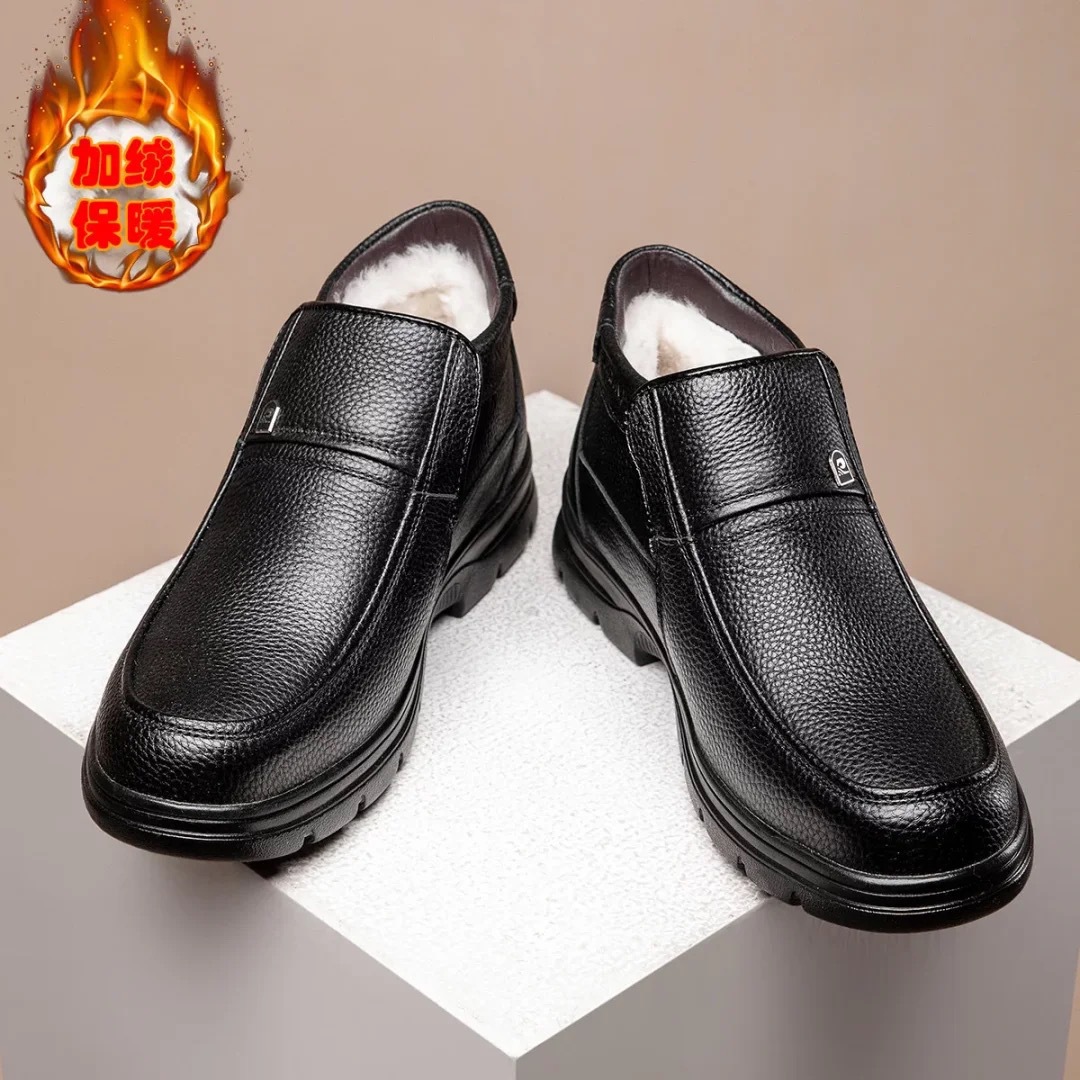 冬季男士棉鞋男鞋中老年人真皮防滑加绒加厚羊毛老人爸爸保暖皮鞋