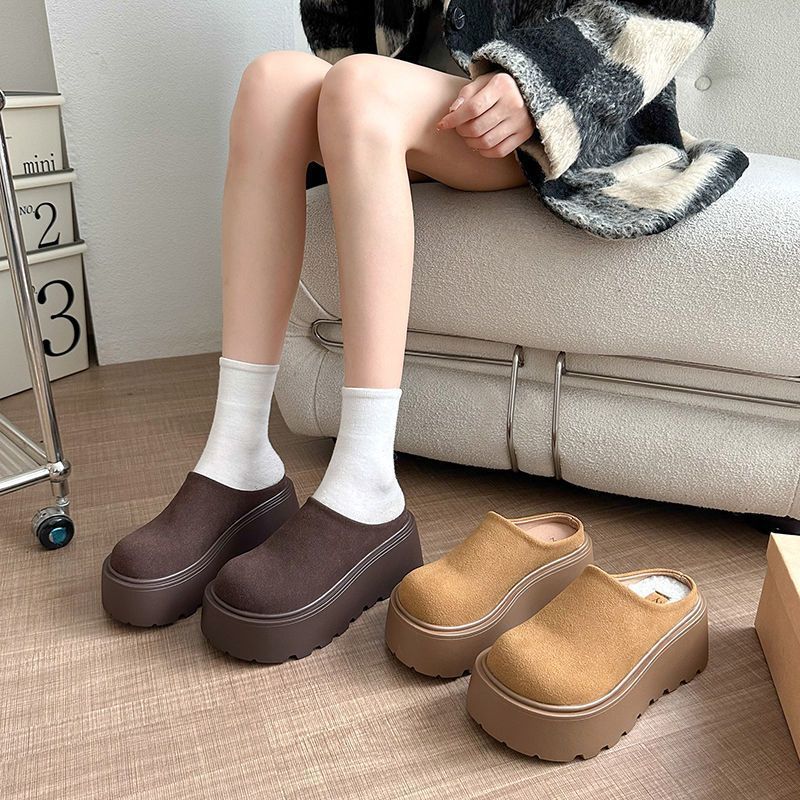 厚底增高勃肯鞋女加绒2025秋冬新款一脚蹬包头半拖毛毛棉拖鞋外穿