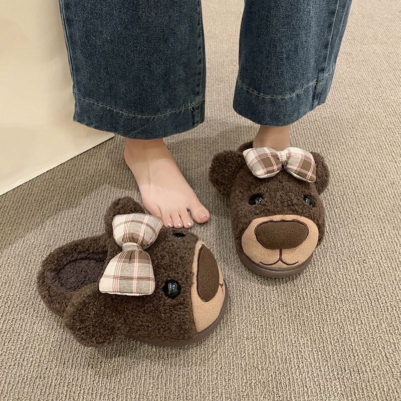 可爱小熊厚底毛毛拖鞋女2025冬季新款厚底居家防滑毛绒保暖棉拖鞋
