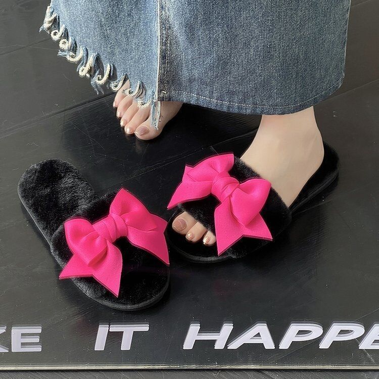 韩系蝴蝶结棉拖鞋女秋冬少女心时尚居家防滑保暖毛绒棉鞋月子鞋女