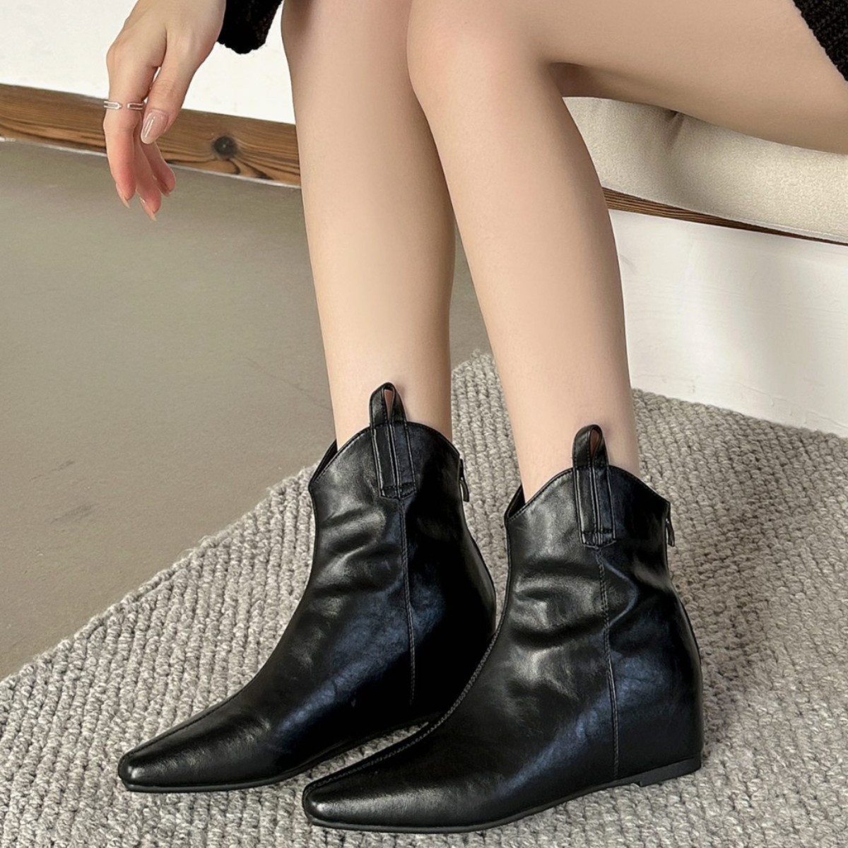 内增高尖头可拆卸长筒西部靴女鞋2025新款春秋美拉德棕色骑士靴子