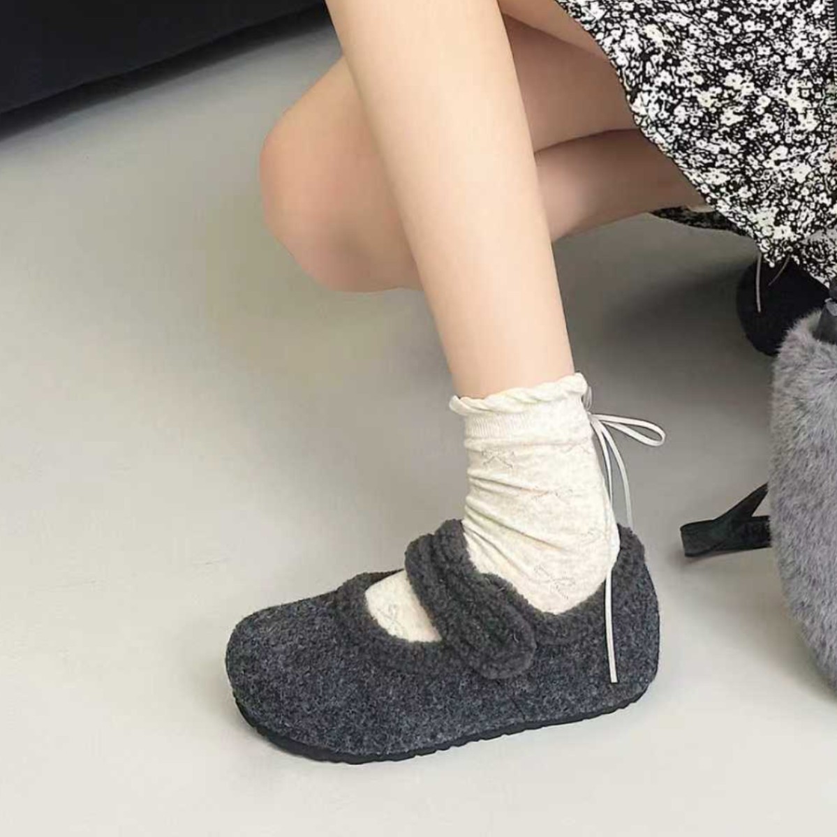 真皮加绒保暖勃肯鞋女2025冬季新款魔术贴毛呢玛丽珍鞋芭蕾舞单鞋