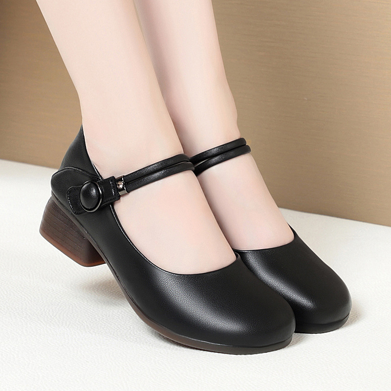 真皮法式玛丽珍一字带皮鞋女2025春夏大码软底单鞋透气粗跟小皮鞋