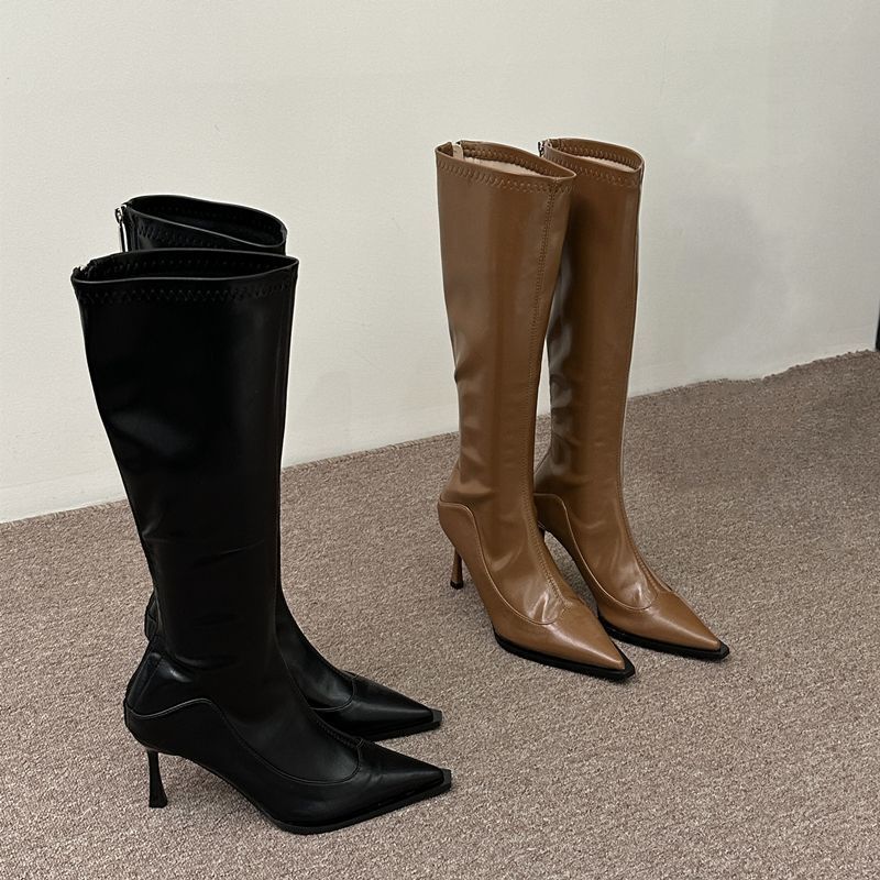 辣妹尖头高跟长靴女黑色细跟长筒靴后拉链靴子百搭骑士靴高筒靴