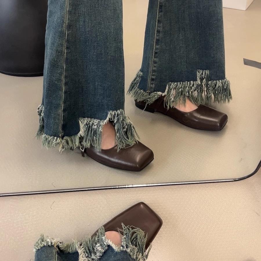 法式晚晚风银色单鞋女平底2025春秋新款仙女通勤方头玛丽珍小皮鞋