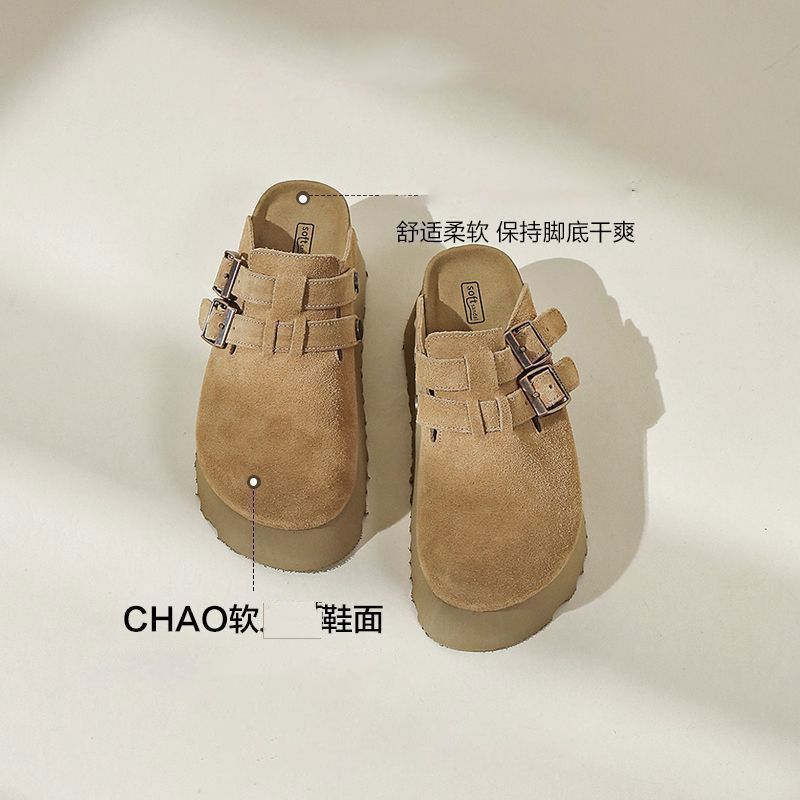 【木有鞋子】粉色新款两穿厚底增高勃肯拖真皮软木不重包头半拖女