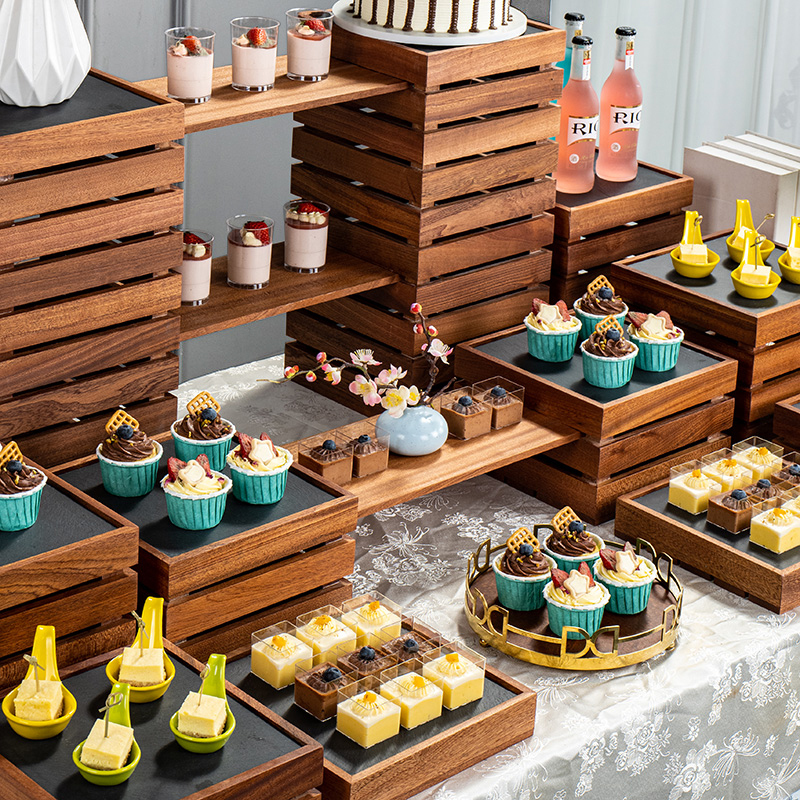 木质自助餐甜品台摆件展示架中式蛋糕点心托盘架子冷餐会茶歇摆台
