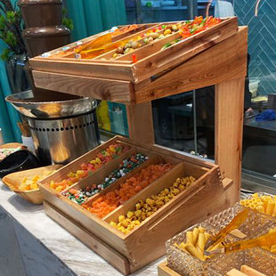 酒店实木展示柜自助餐厅胡桃木干果水果双层展示架创意多格实木盒