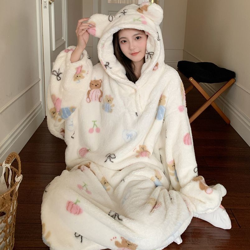 秋冬季珊瑚绒甜美大睡袍女可爱连帽加厚加绒可外穿长款睡裙家居服