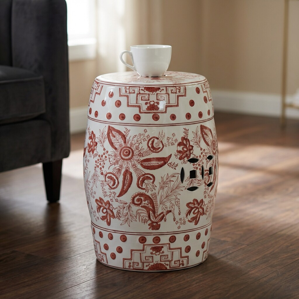 中式复古红花白底陶瓷鼓墩坐凳客厅装饰花鸟纹样圆凳