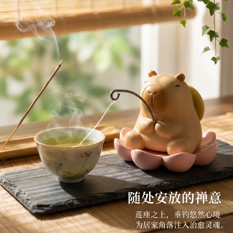 佛系禅意卡皮巴拉钓鱼家居客厅茶桌中式茶室茶宠茶台装饰品小摆件图片