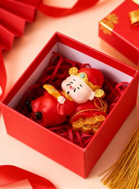 招财红色陶瓷财神爷桌面摆件