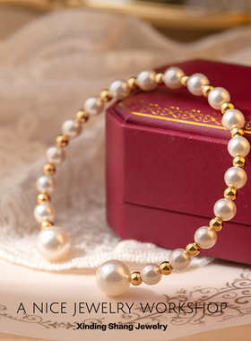 法式小众手镯电镀真金轻奢高级感珍珠手镯开口手工串珠首饰饰品