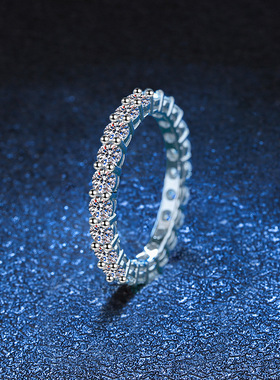 s925纯银莫桑石戒指女2.2克拉镀pt950满钻排戒高端莫桑石戒指女