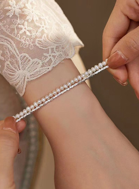 s925纯银双层珍珠碎银子手链