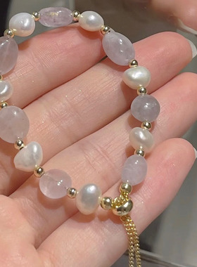 新款天然淡水珍珠水晶手链女夏抽拉式调节简约百搭高级感小众